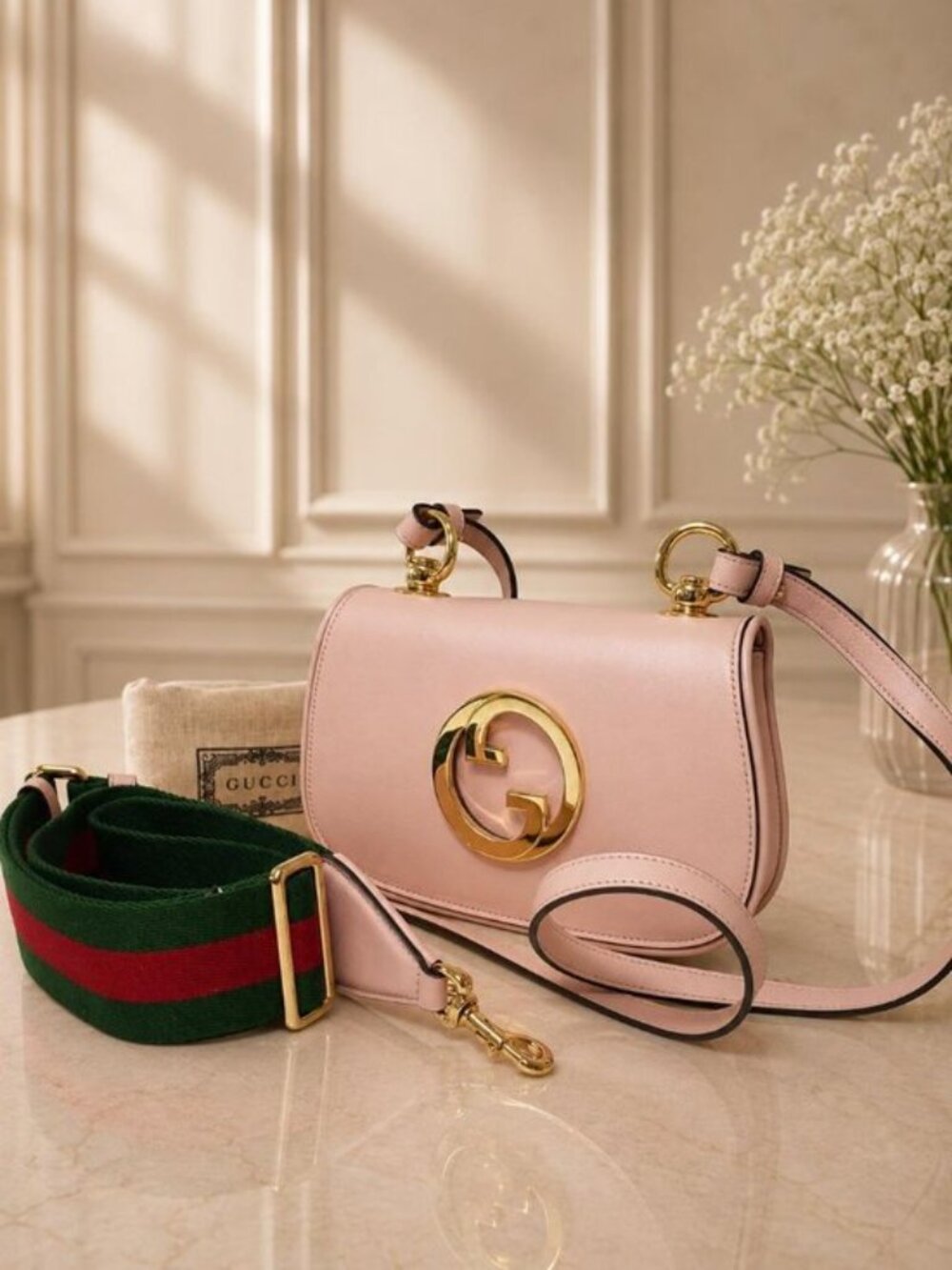 Gucci Blondie Mini Pink Leather Crossbody Bag Gold Interlocking G Web Strap
